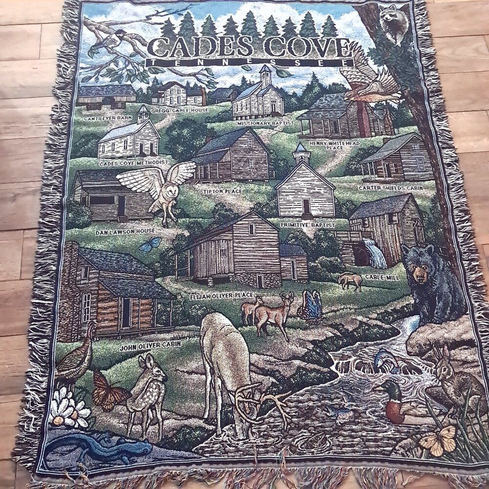 Cade's Cove Tennessee Throw blanket Cabin Animals tapestry Great Smoky Mountains